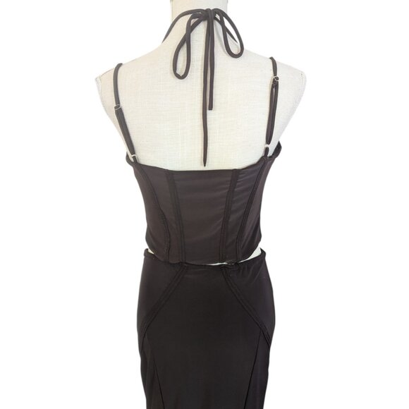 Fashion Nova Womens 2 Piece Brown Skirt Set XL Halter Corset Mermaid Midi Skirt - Picture 7 of 7